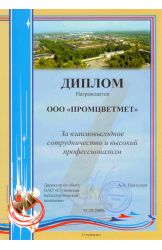 Диплом «За взаимовыгодное сотрудничество и высокий профессионализм» от ОАО «СМК» 2009 г.